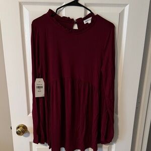 Women's Burgundy Ruffle-Neck Long Sleeve Peplum Top
